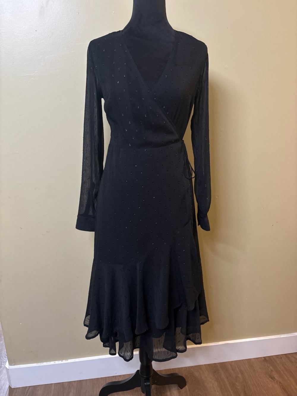 Express Black Long-Sleeve Wrap Midi Dress with Ruffle Hem